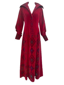 60s Magical  Red Velvet Stenciled Maxi Dress FRONT 1 of 5