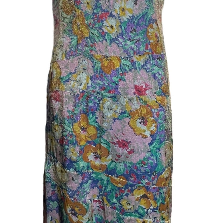 Late 20s/ Early 30s Floral Lame Bias Cut Dress FRONT 1 of 3