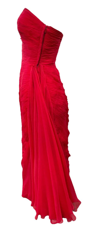 50s Lipstick Red Strapless Pleated Chiffon Bombshell Party Dress SIDE 2 of 4
