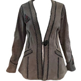 70s Grey Suede Whip Stitch Jacket with Rose Medallion FRONT  1 of 6