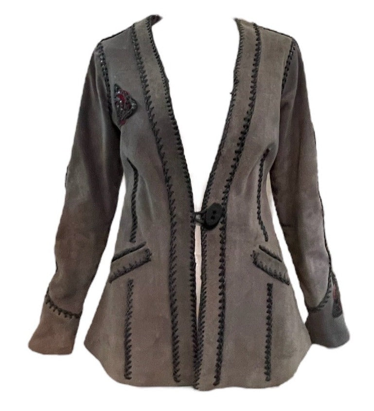 70s Grey Suede Whip Stitch Jacket with Rose Medallion FRONT  1 of 6