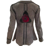 70s Grey Suede Whip Stitch Jacket with Rose Medallion BACK 3 of 6
