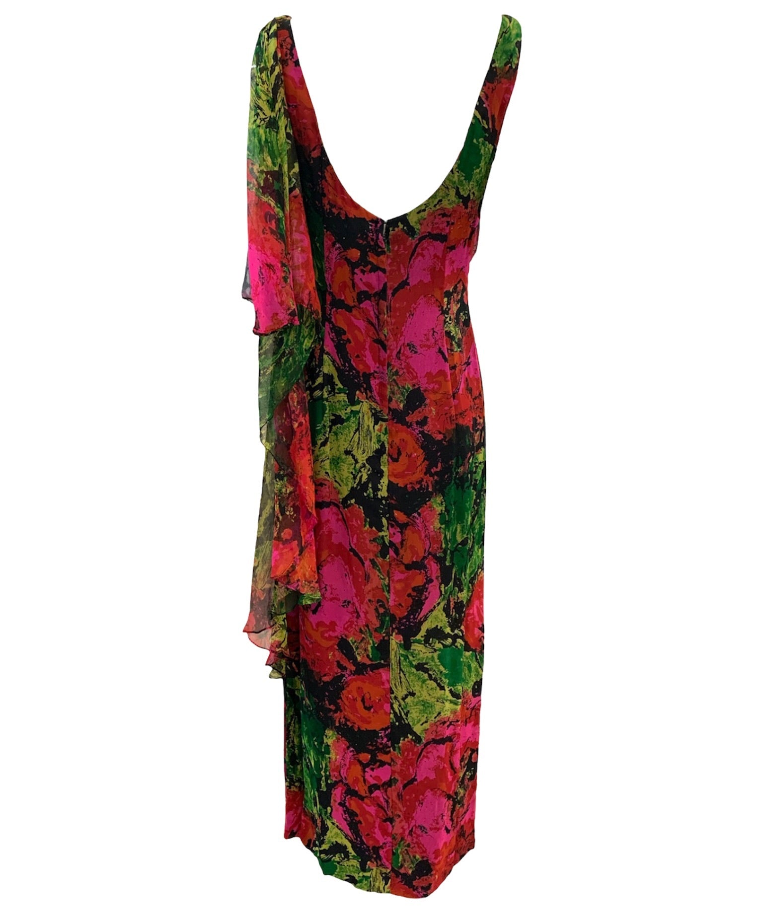 1960s Unlabeled Jewel Tone Floral Chiffon Sheath Gown BACK 3 of 5