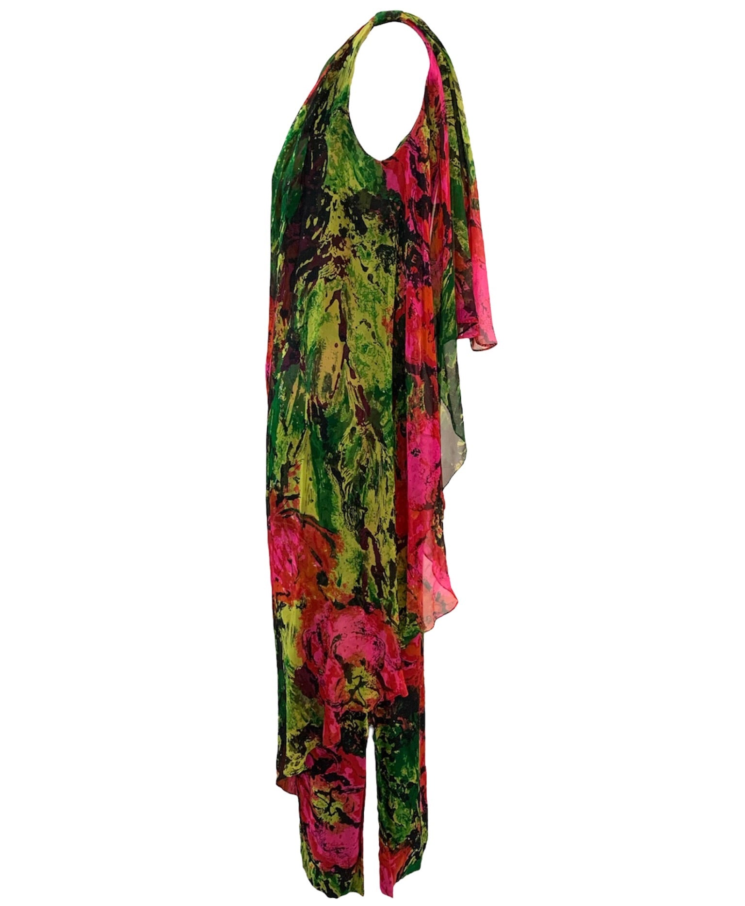 1960s Unlabeled Jewel Tone Floral Chiffon Sheath Gown SIDE 2 of 5