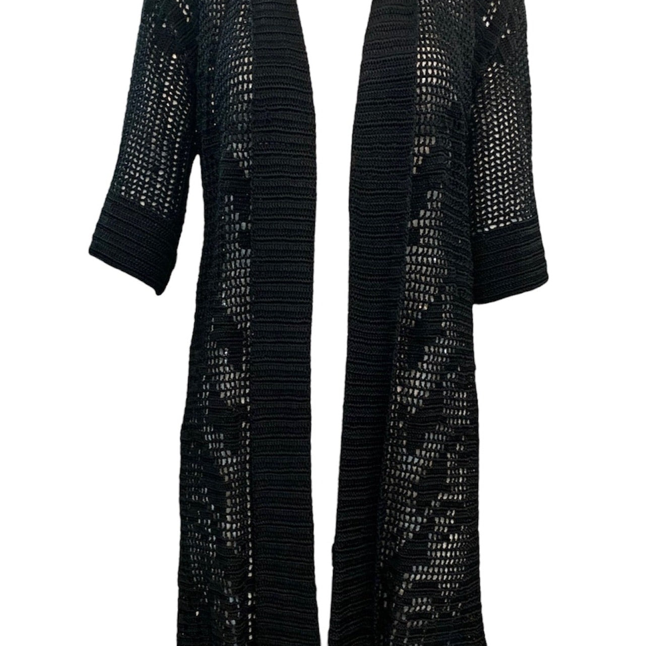20s Black Mid Length Hand Crochet Open Front Cardigan FRONT 1 of 6