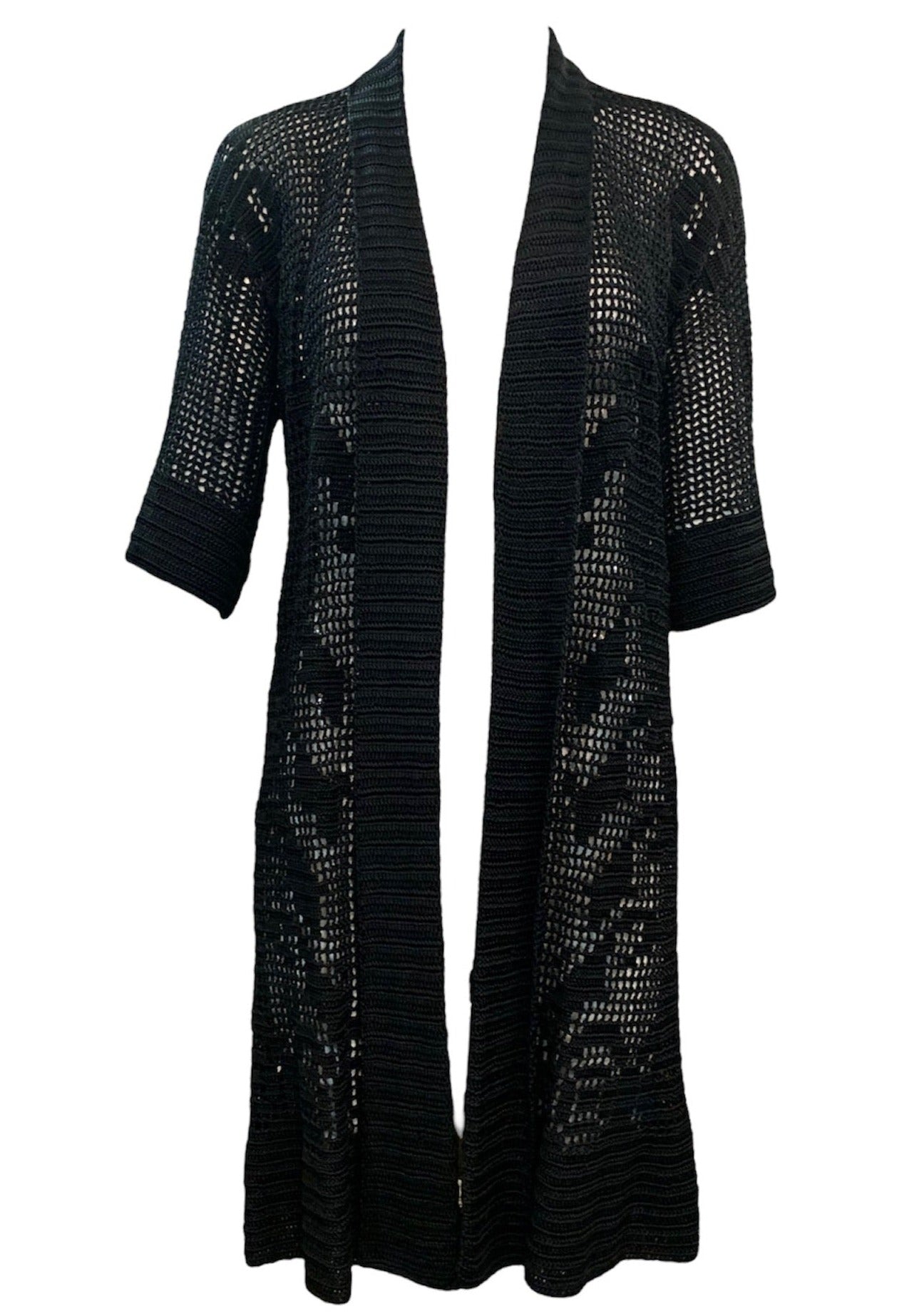 20s Black Mid Length Hand Crochet Open Front Cardigan FRONT 1 of 6