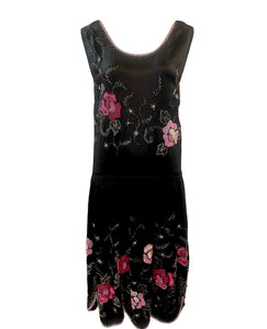20s Satin Floral Beaded Dress with Scallop Hem