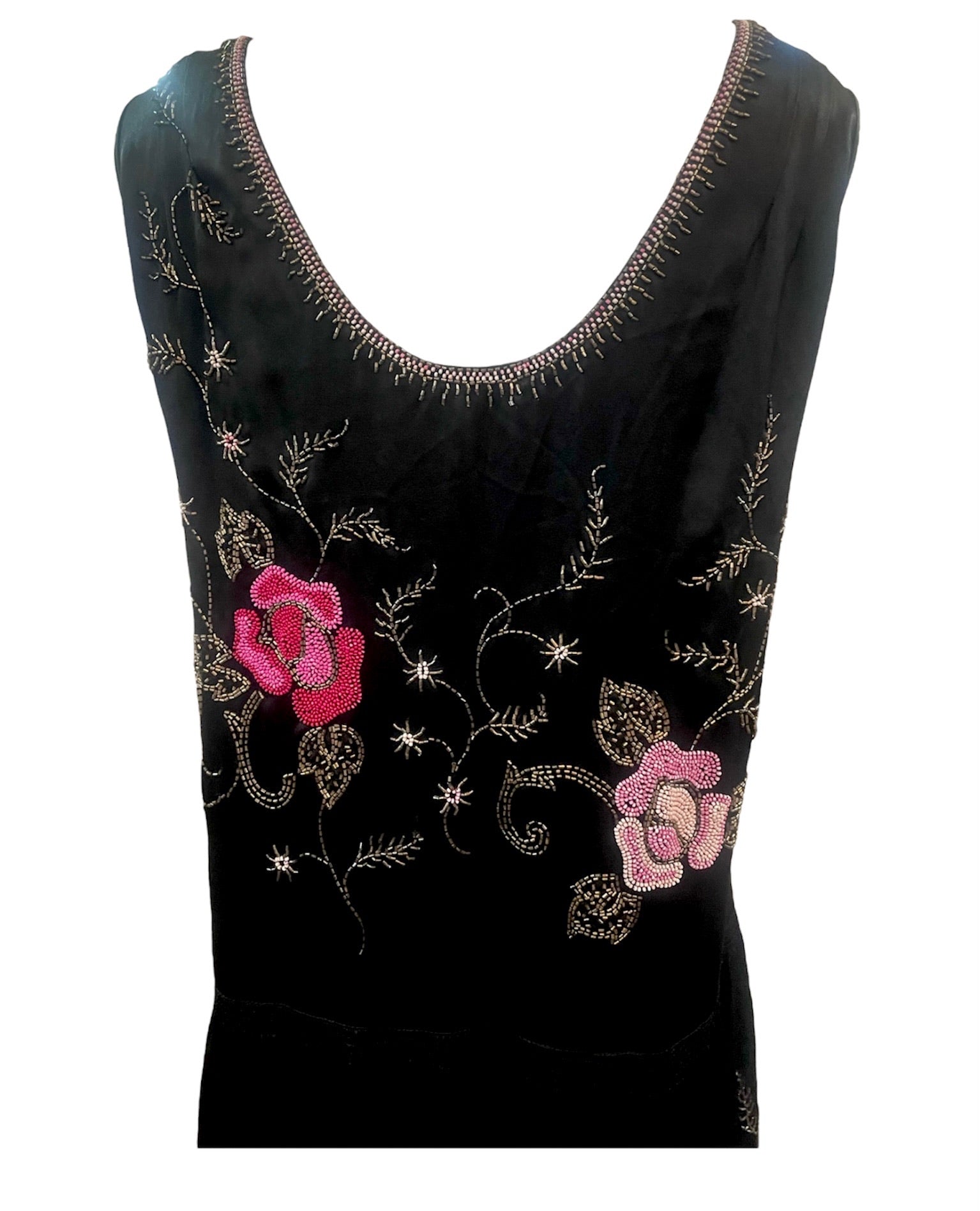 20s Satin Floral Beaded Dress with Scallop Hem