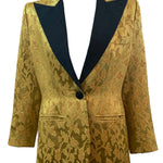 YSL Rive Gauche 1990s Yellow Jacquard Tuxedo Jacket with Peaked Lapel FRONT CLOSED 1 of 7