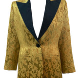 YSL Rive Gauche 1990s Yellow Jacquard Tuxedo Jacket with Peaked Lapel FRONT CLOSED 1 of 7