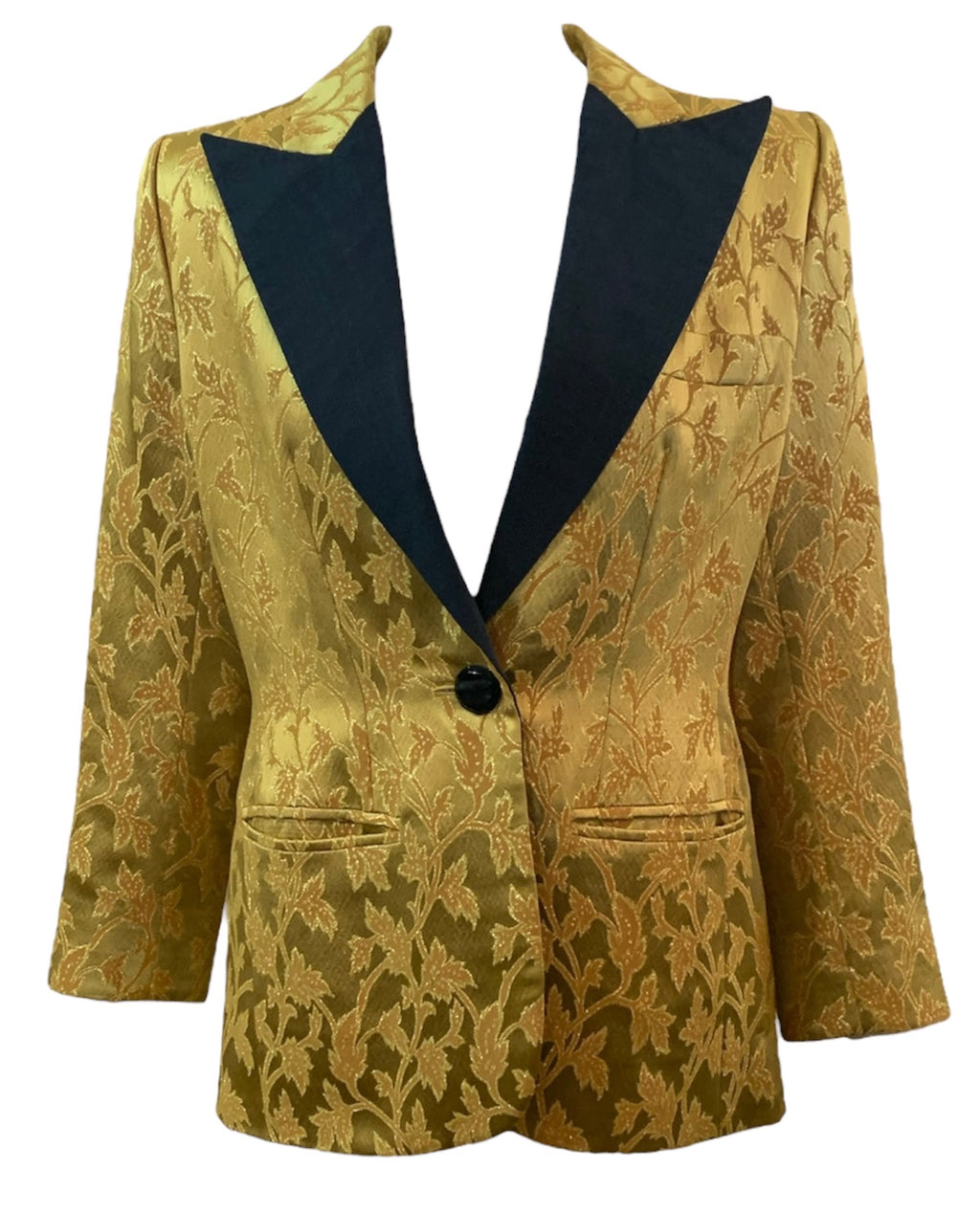 YSL Rive Gauche 1990s Yellow Jacquard Tuxedo Jacket with Peaked Lapel FRONT CLOSED 1 of 7