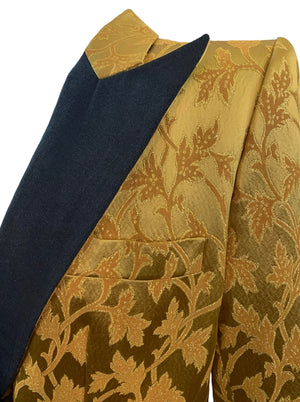 YSL Rive Gauche 1990s Yellow Jacquard Tuxedo Jacket with Peaked Lapel LAPEL DETAIL 5 of 7