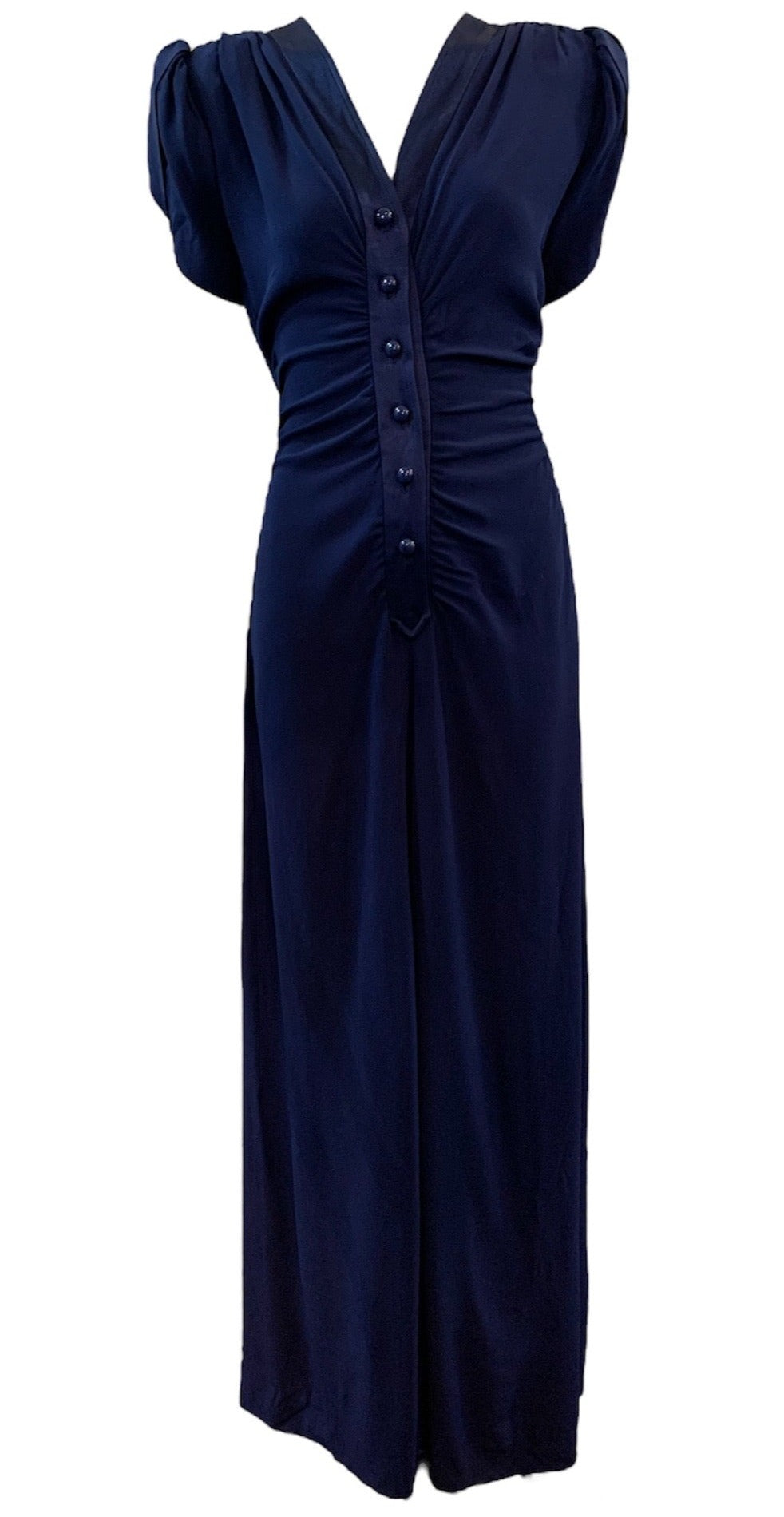 YSL Rive Gauche Blue Satin Backed Crepe 70s Look Maxi Dress FRONT 1 of 5