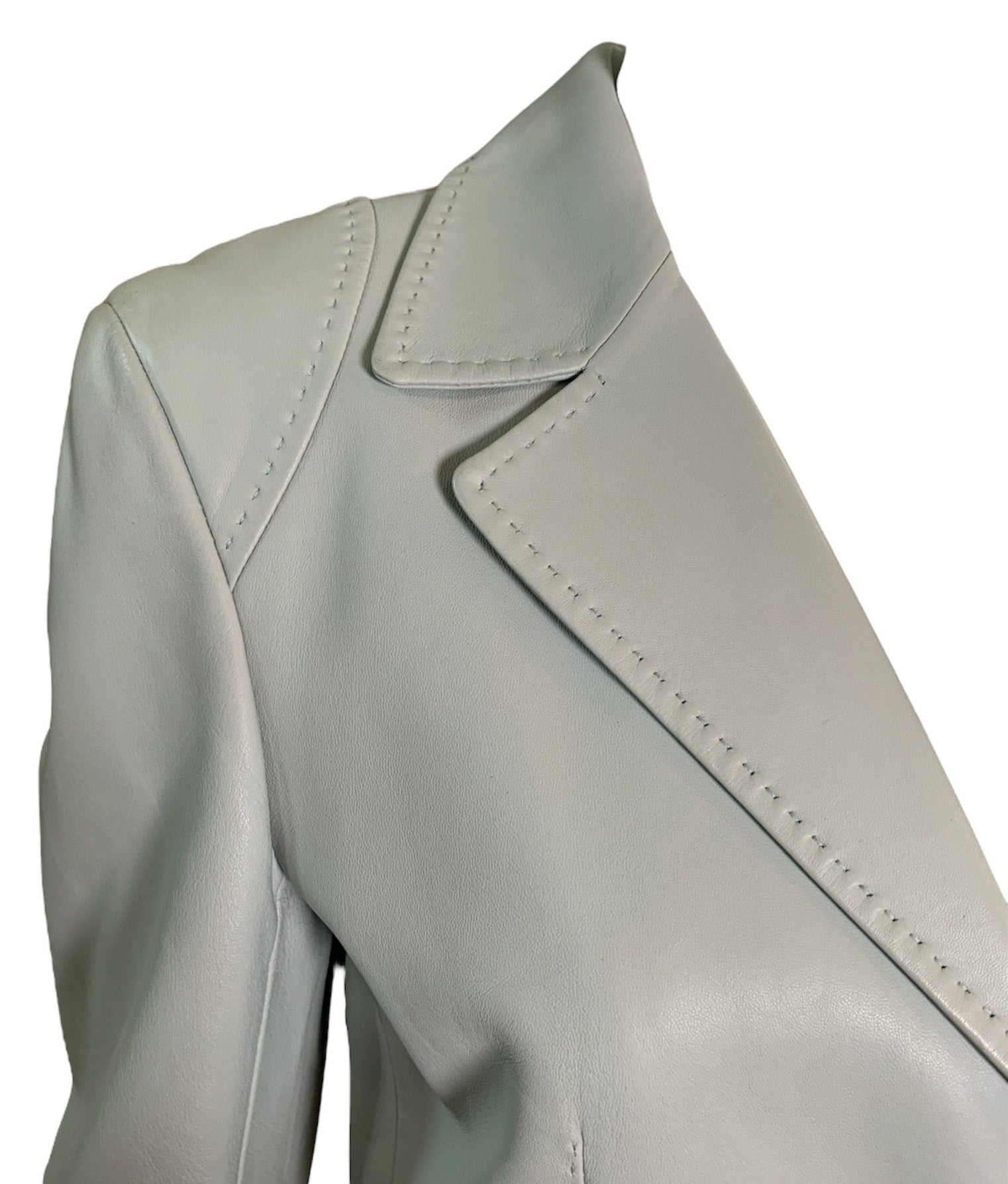 Agnona 2000s  Pistachio Leather Blazer Cut Jacket COLLAR DETAIL  4 of 5