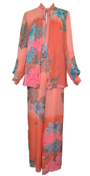 Hanae Mori 70s Floral  Chiffon Jumpsuit with Matching Jacket FRONT 1  of 8