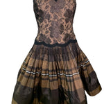 Geoffrey Beene 90s Brown Taffeta and Lace Tartan Cocktail Dress FRONT 1 of 7