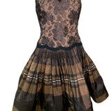 Geoffrey Beene 90s Brown Taffeta and Lace Tartan Cocktail Dress FRONT 1 of 7