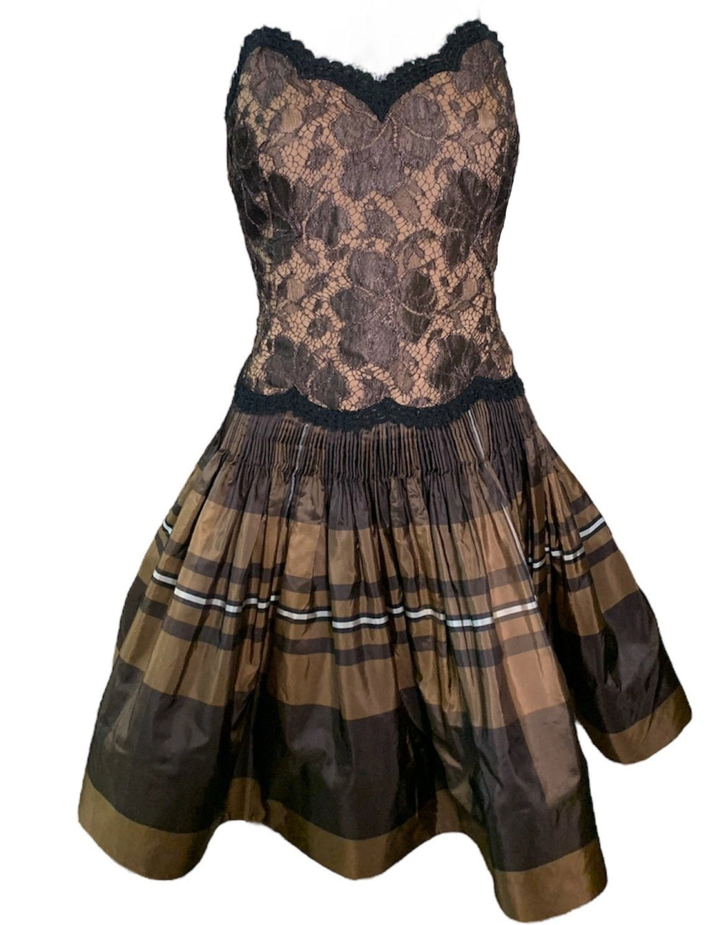 Geoffrey Beene 90s Brown Taffeta and Lace Tartan Cocktail Dress FRONT 1 of 7
