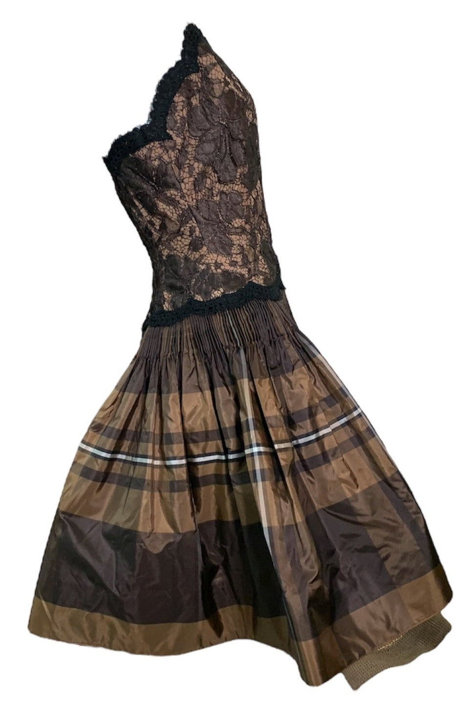 Geoffrey Beene 90s Brown Taffeta and Lace Tartan Cocktail Dress SIDE 2 of 7