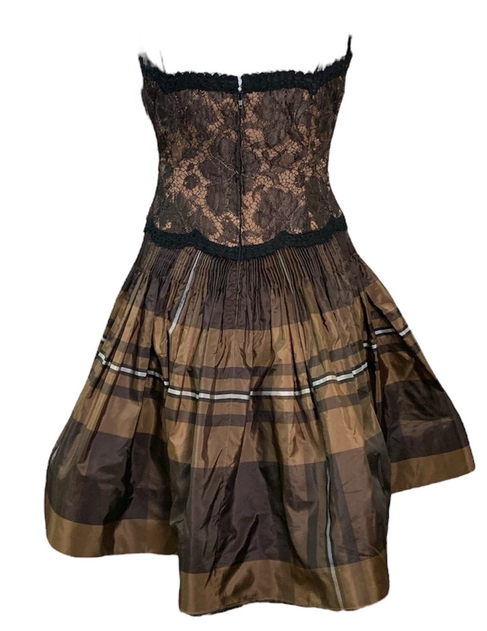 Geoffrey Beene 90s Brown Taffeta and Lace Tartan Cocktail Dress BACK 3 of 7