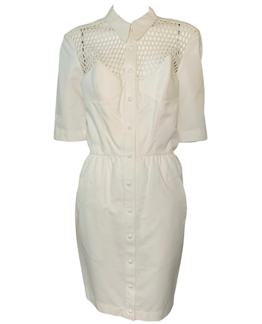Thierry Mugler 90s White Pique Day Dress with Peekaboo Yoke. FRONT  1 of 5