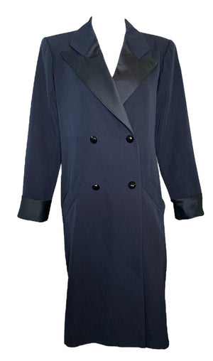 YSL Navy Blue Double Breasted Tuxedo Coat Dress with Matching Sash Belt FRONT 1 of 5