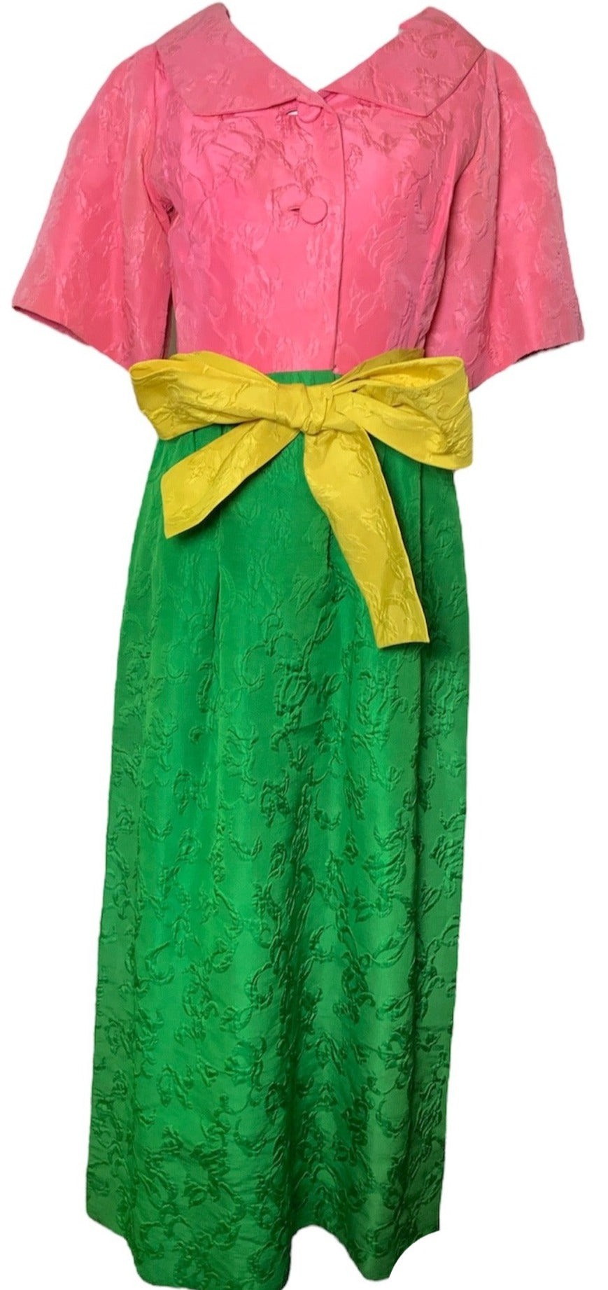 Maurice Rentner 60s Pink and Green Color Block  Matelasse Hostess Gown FRONT WITH BELT 1 of 8