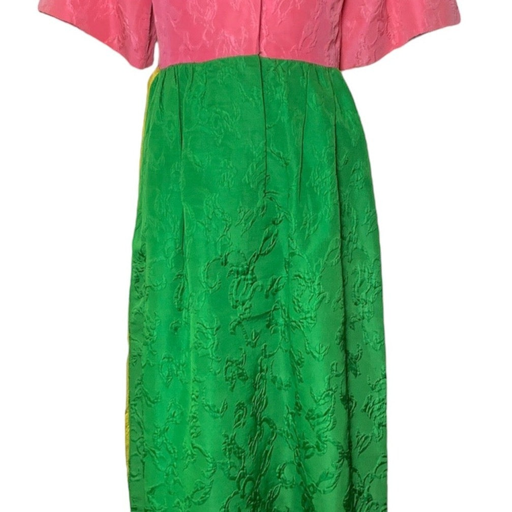 Maurice Rentner 60s Pink and Green Color Block  Matelasse Hostess Gown FRONT 2 of 8