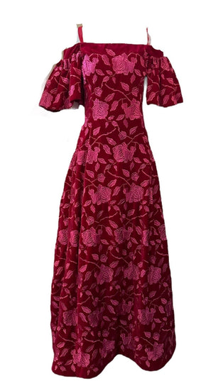 Arnold Scaasi 80s Red Velvet Gown with Pink Embroidery FRONT 1 of 6
