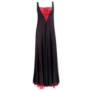 70s Stavropoulous Black and Red Chiffon Gown with Black Metallic Lace Insert