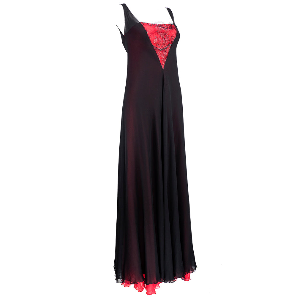 70s Stavropoulous Black and Red Chiffon Gown with Black Metallic Lace Insert, side