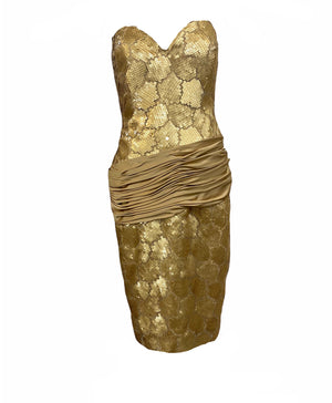 Loris Azzaro 80s Gold Sequin Strapless Cocktail Dress FRONT 1 of 5
