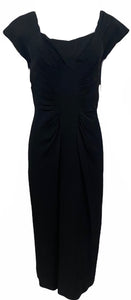 Dorothy O'Hara 1950s Black Crepe Shirred Wiggle Dress FRONT 1 of 4