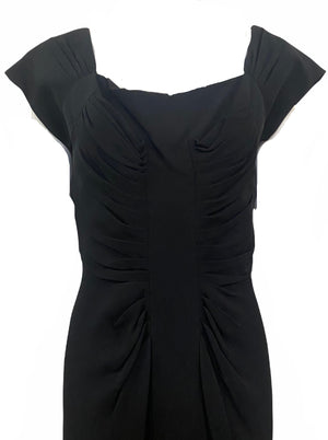 Dorothy O'Hara 1950s Black Crepe Shirred Wiggle Dress BODICE 3 of 4