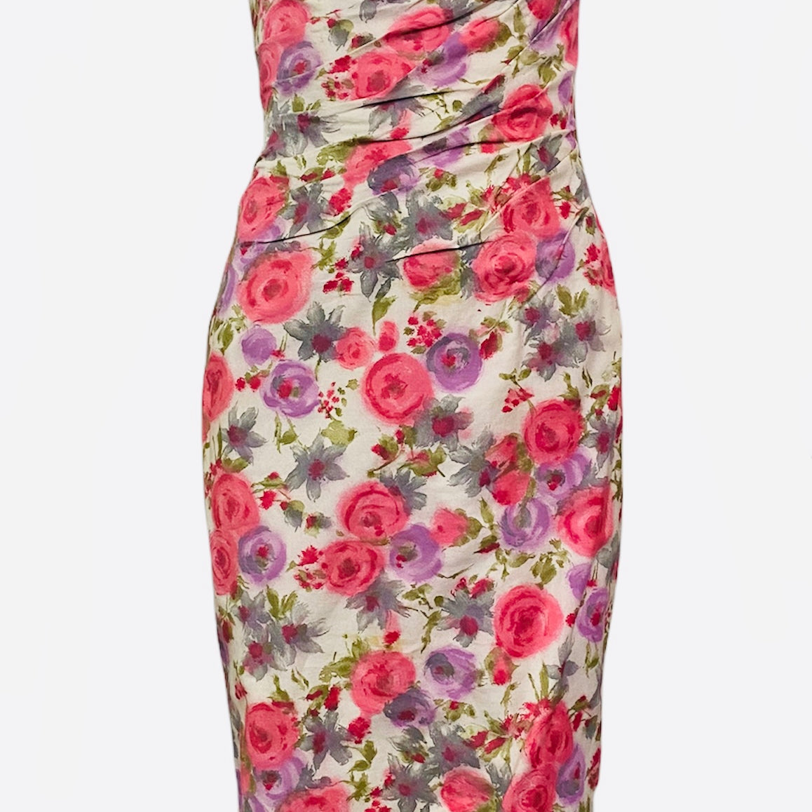 Ceil Chapman 50s Floral Cotton Sexy Shirred Wiggle Dress FRONT  1 of 5