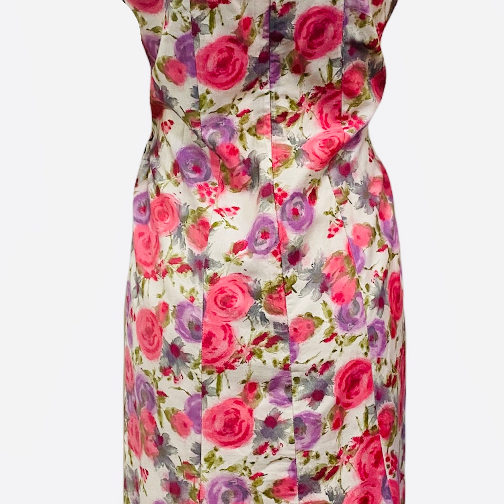 Ceil Chapman 50s Floral Cotton Sexy Shirred Wiggle Dress BACK 2 of 5