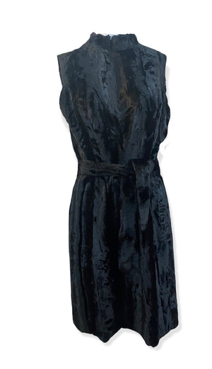  60s Symphony Black Faux Fur Mod Dress with Sash Belt FRONT WITH BELT 3 of 5