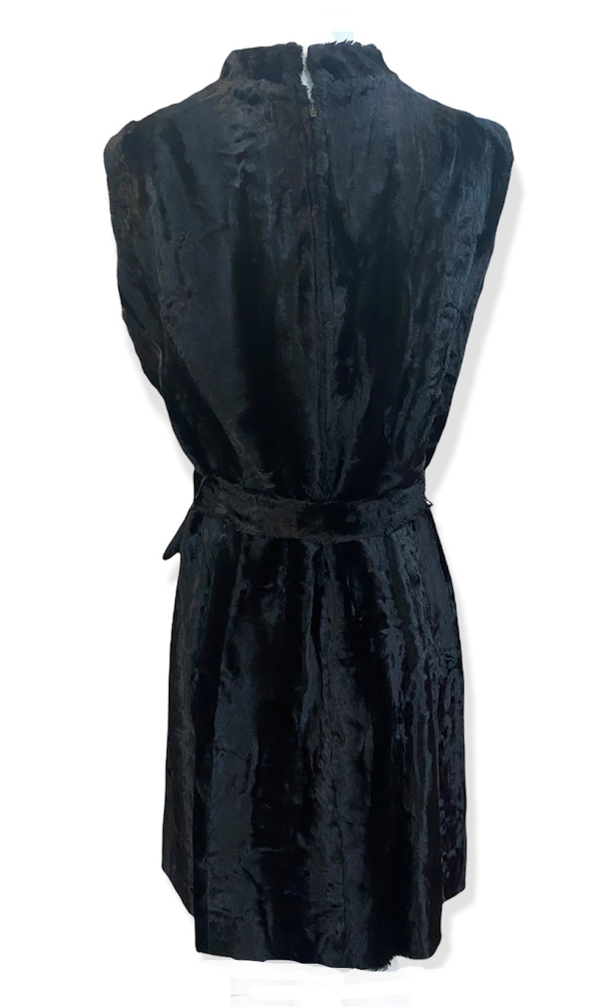  60s Symphony Black Faux Fur Mod Dress with Sash Belt BACK WITH BELT 4 of 5