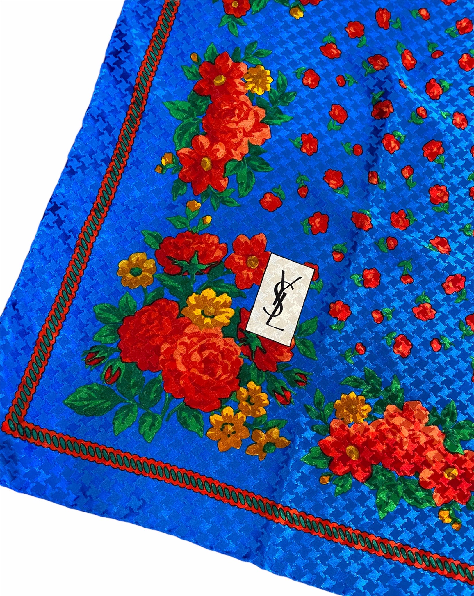 YSL 70s Bright Blue Polka Dot Floral Silk Scarf DETAIL 2 of 3