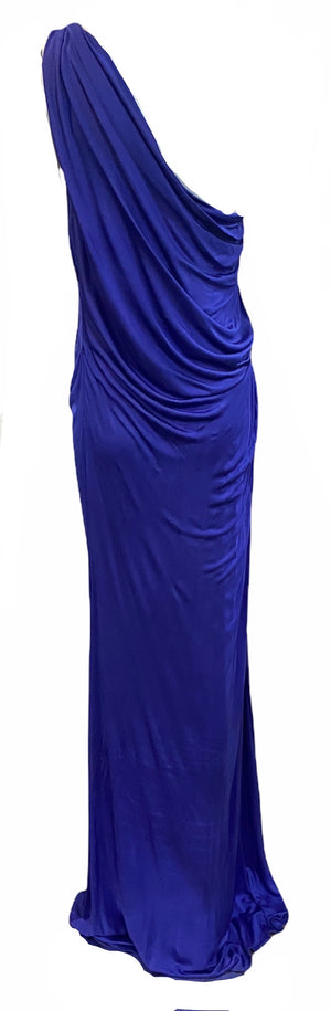  Roberto Cavalli Contemporary Purple Jersey One Shoulder Goddess Gown BACK 2 of 4