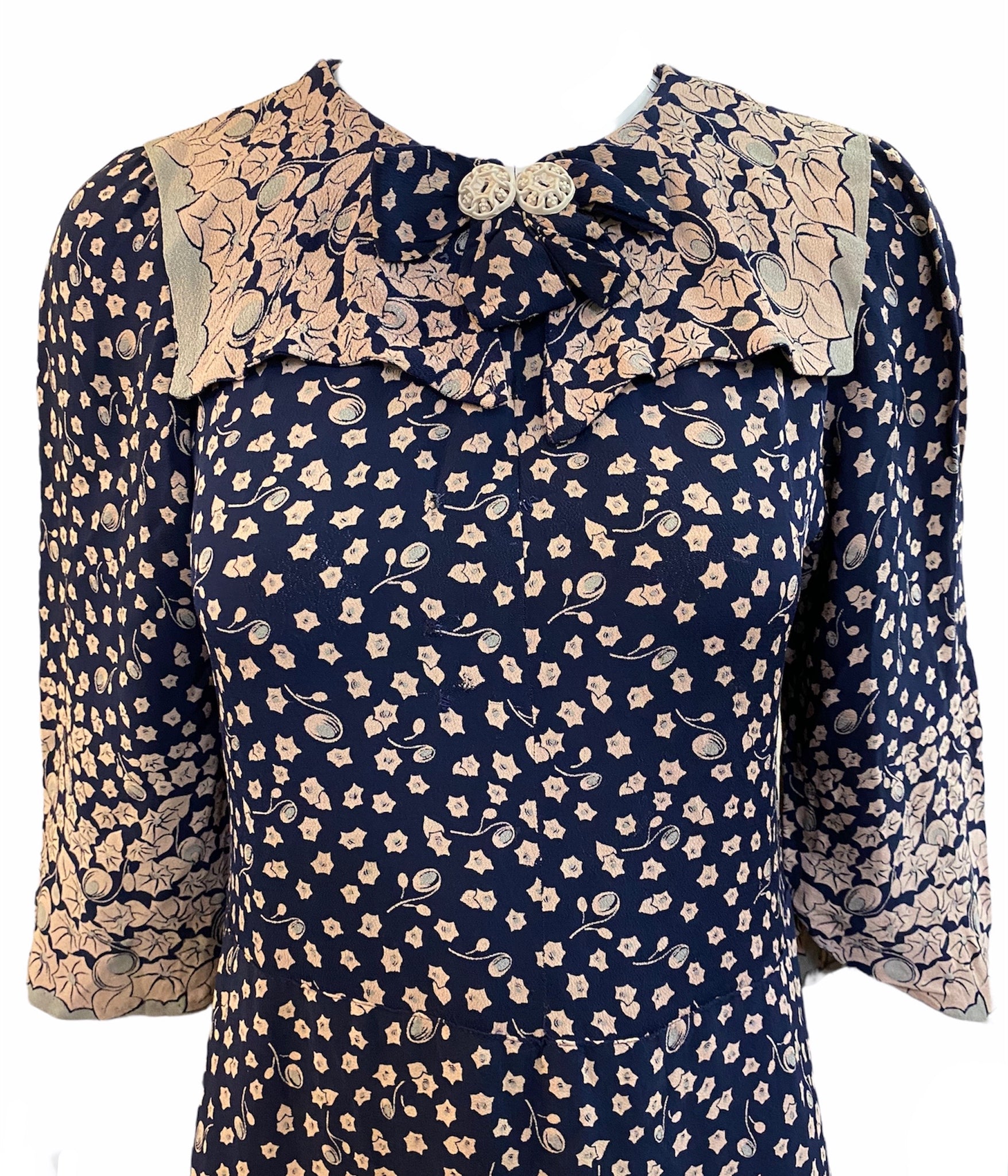 30s Blue  Ditzy Floral Crepe Day  Dress DETAIL 3 of 5