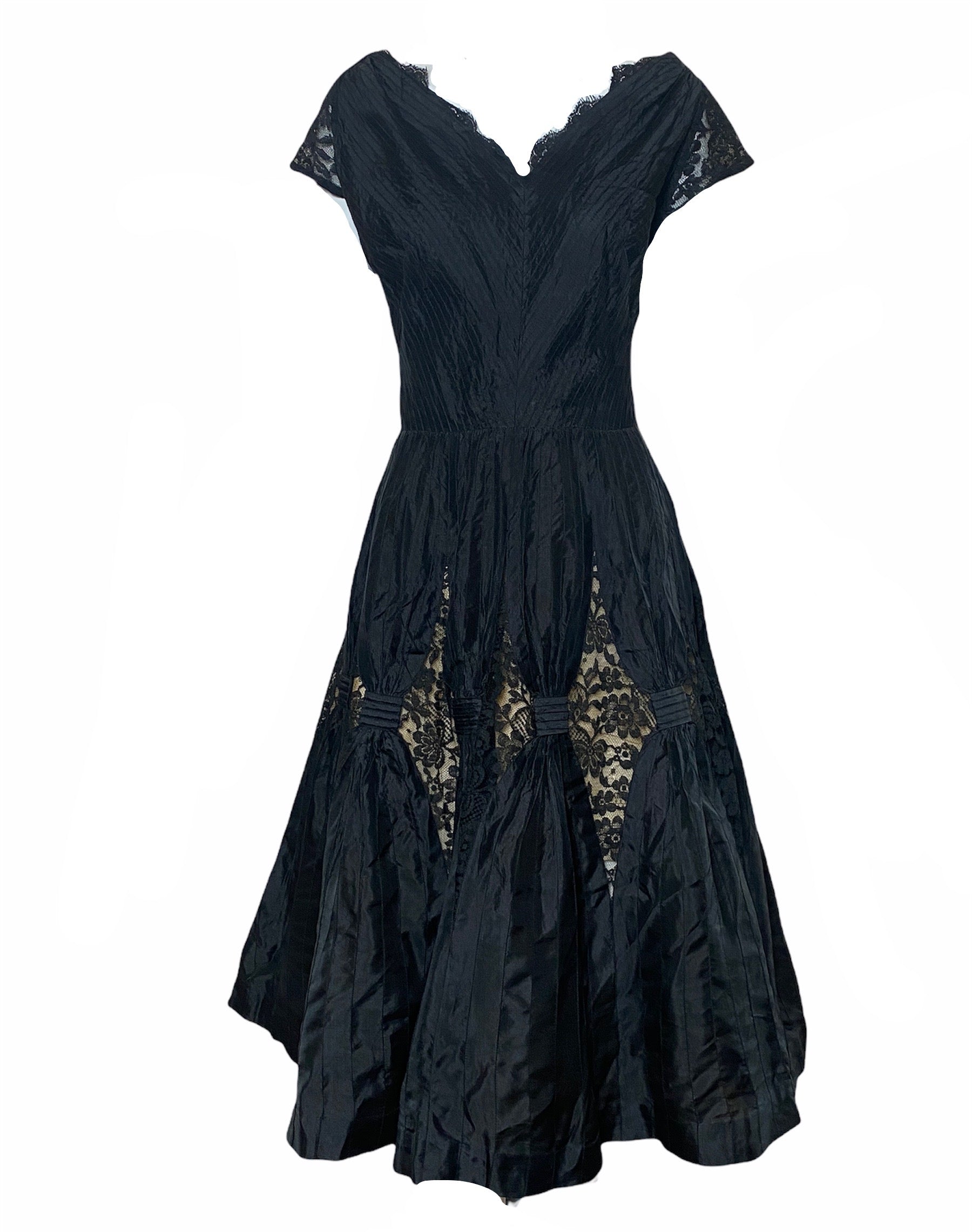 1950's Charles Glueck Black Silk Taffeta Fit and Flare Dress with Lace 1950's Charles Glueck Black Silk Taffeta Fit and Flare Dress with Lace