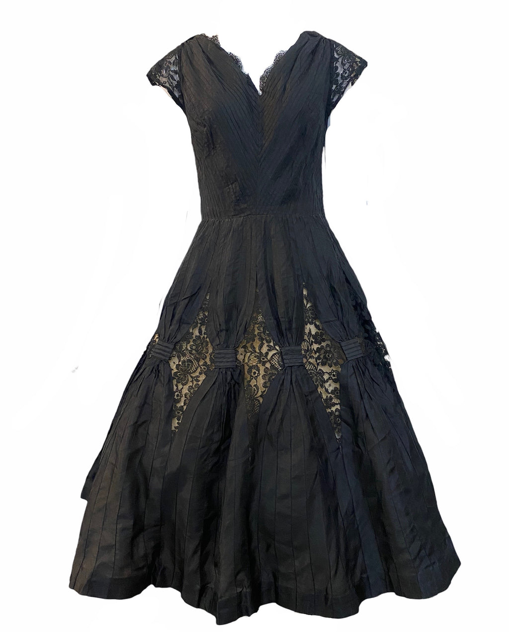 50s Charles Glueck Black Taffeta Party Dress with Lacy Detail  FRONT 1 of 5