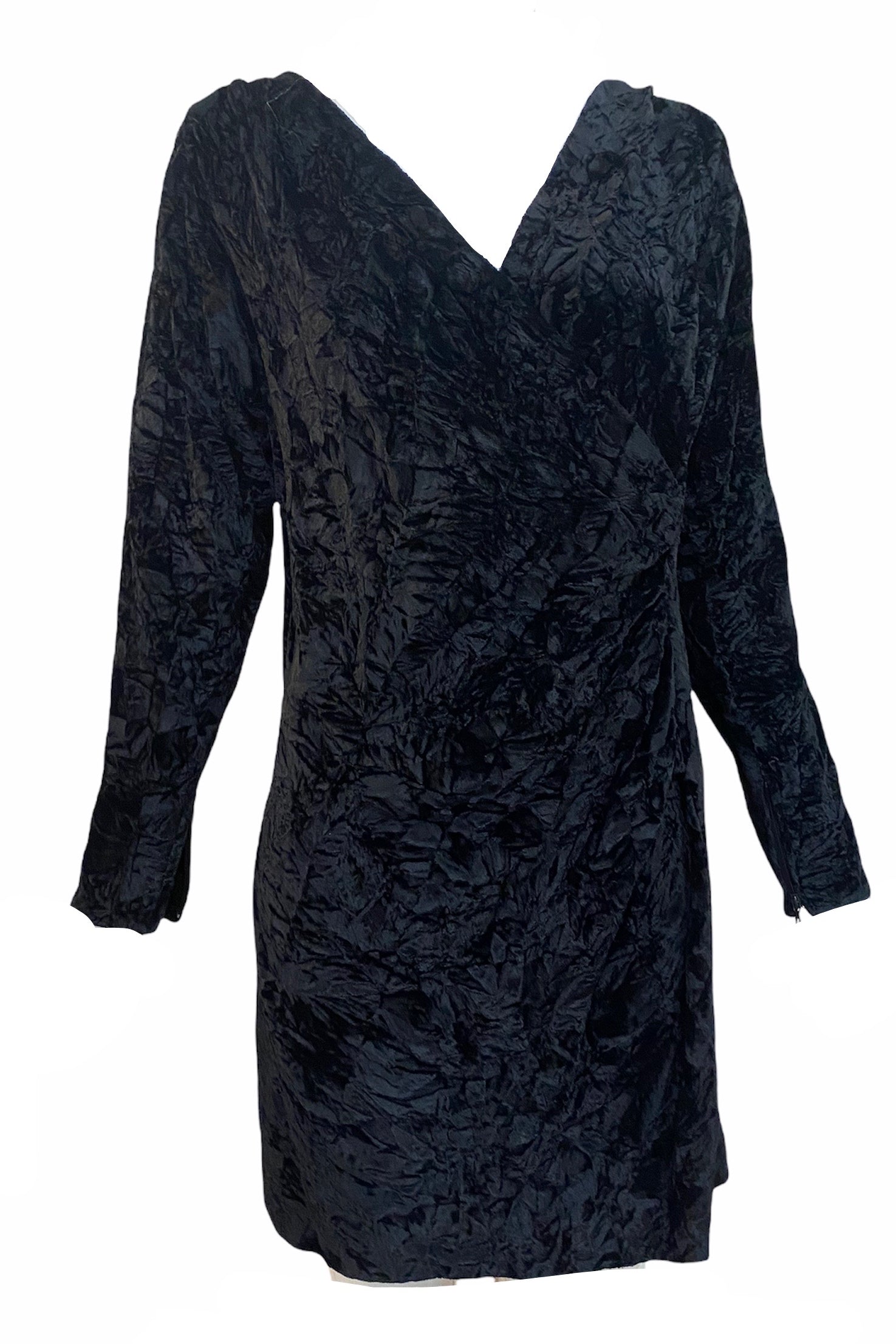   Saint Laurent Rive Gauche 80s Black Crushed Velvet Wrap Cocktail Dress FRONT 1 of 3