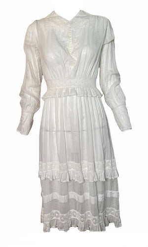 Edwardian/Early 20s White Lawn  Dress with Ruffle  and Lace Insert Detail, front