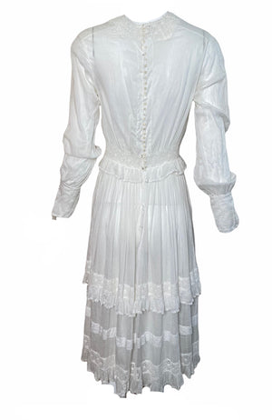 Edwardian/Early 20s White Lawn  Dress with Ruffle  and Lace Insert Detail, back