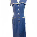 Traina Norell 60s Cornflower Blue and White  Linen Sailor Dress FRONT 1 of 5