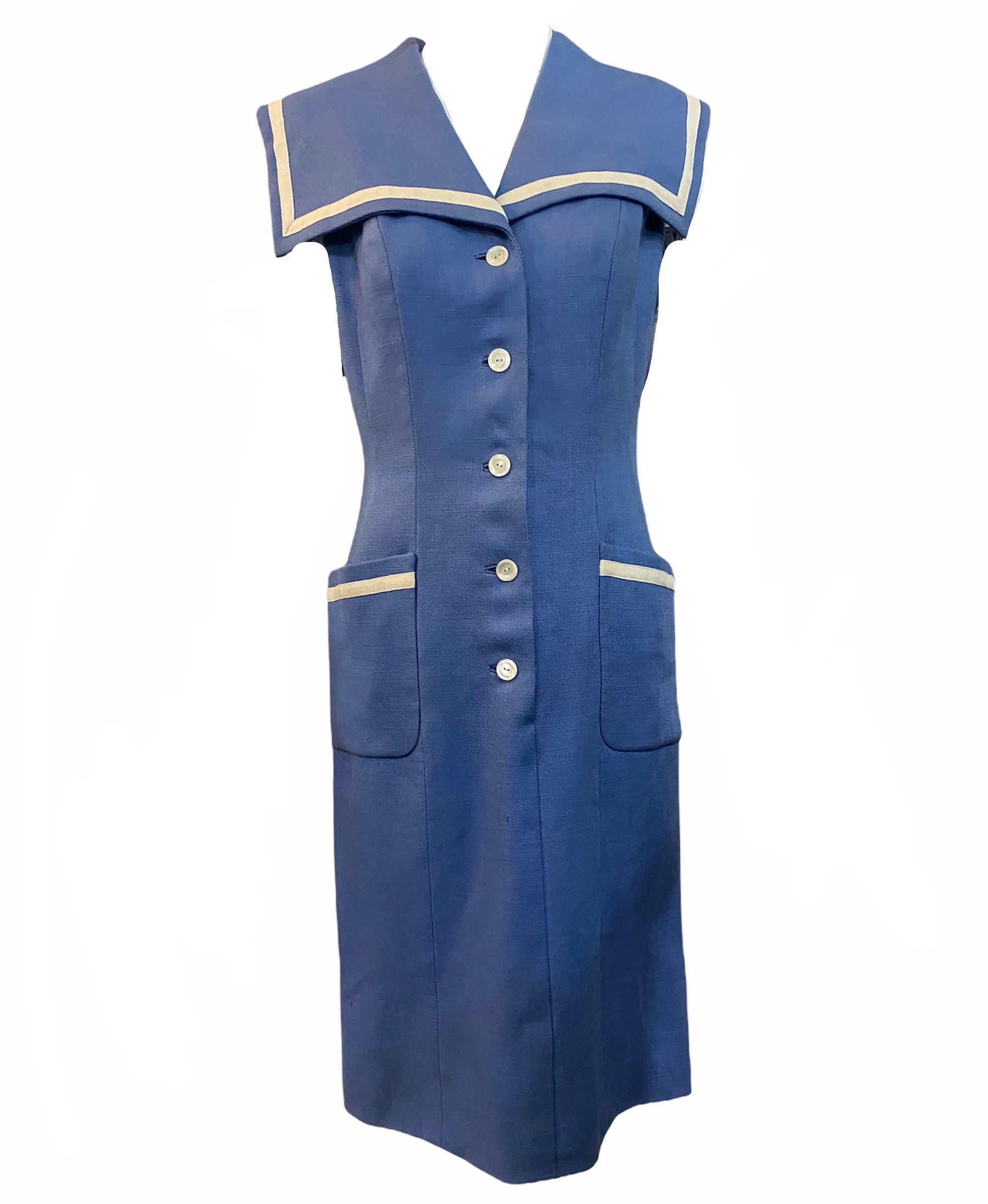 Traina Norell 60s Cornflower Blue and White  Linen Sailor Dress FRONT 1 of 5