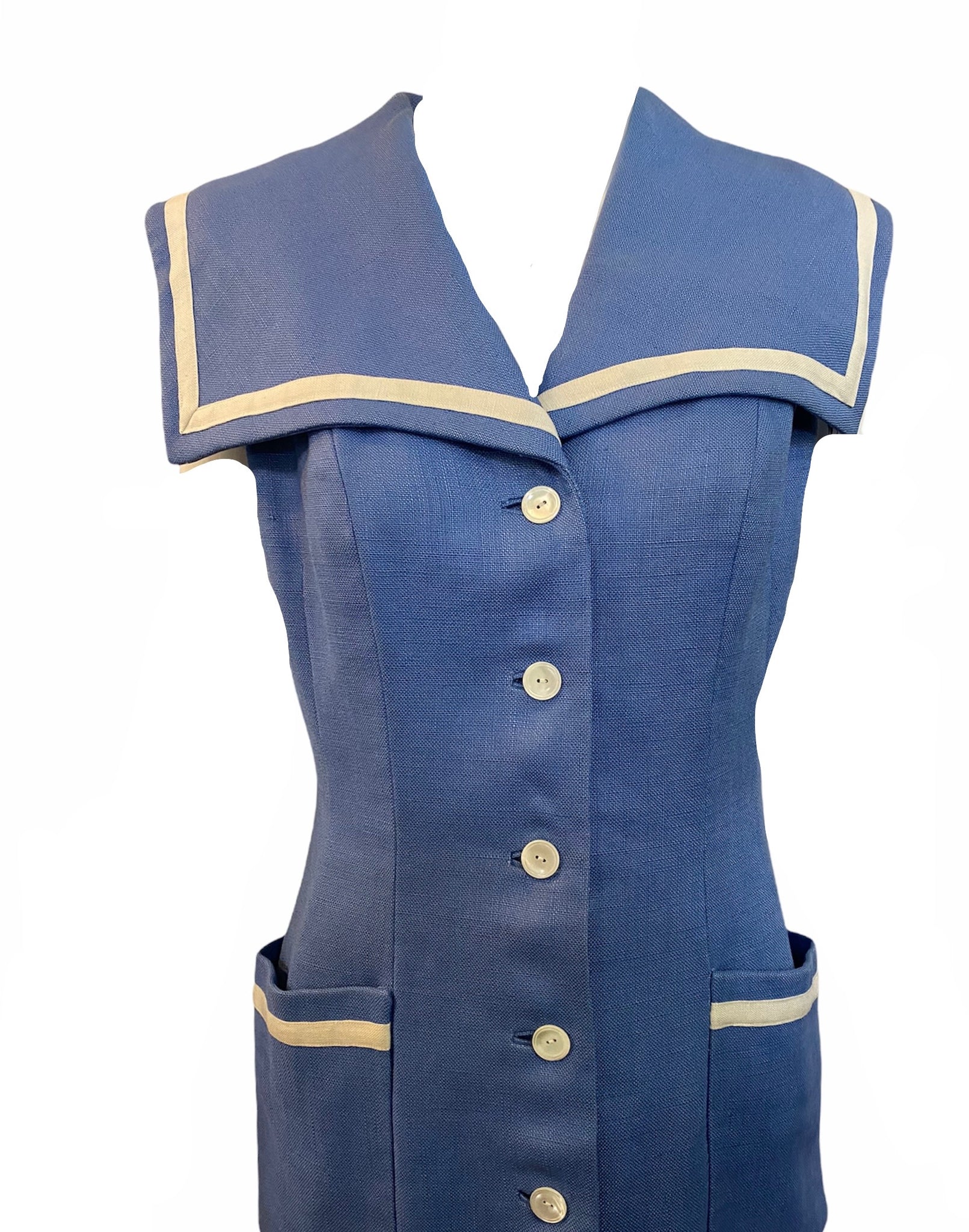 Traina Norell 60s Cornflower Blue and White  Linen Sailor Dress DETAIL 3 of 5