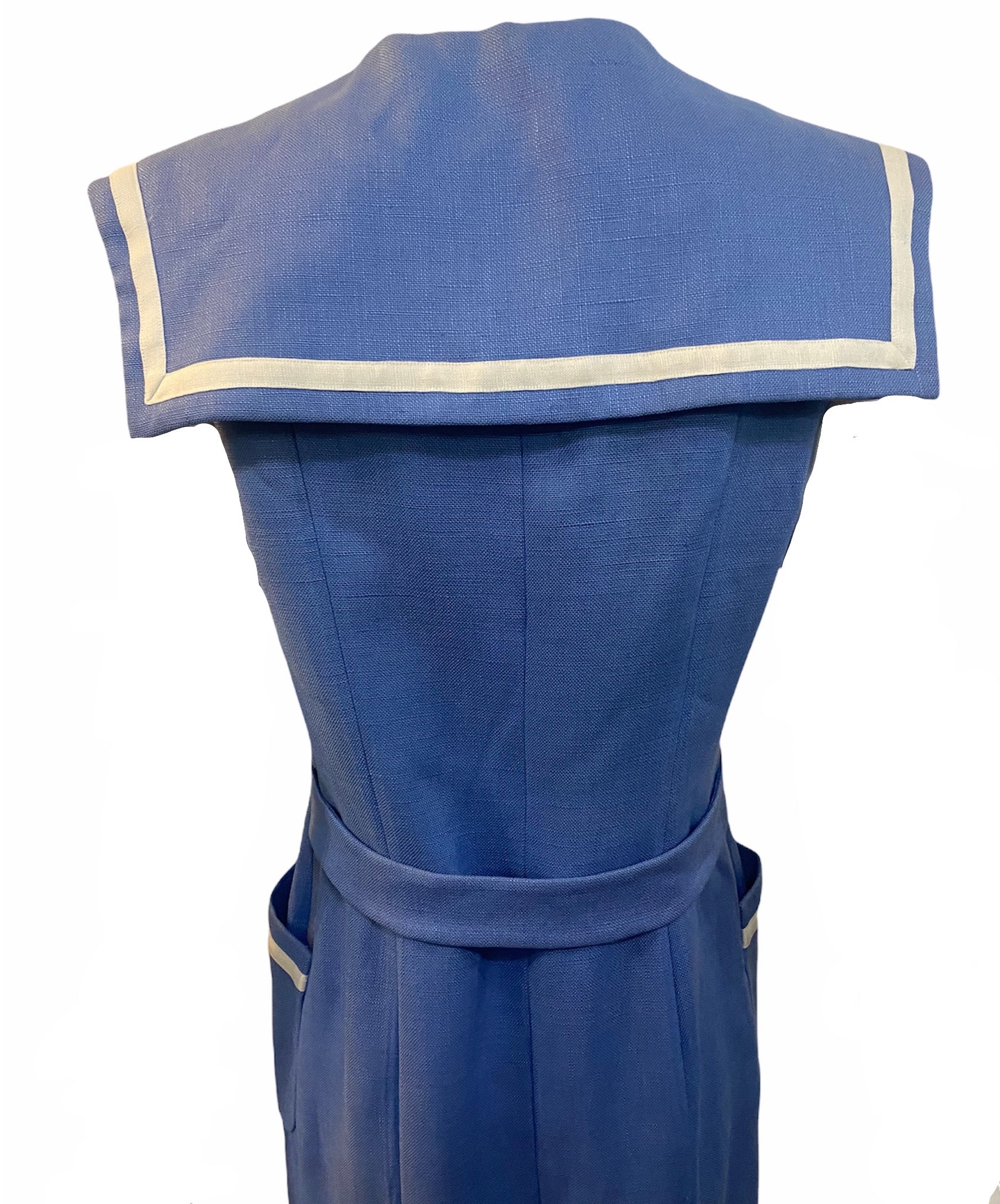 Traina Norell 60s Cornflower Blue and White  Linen Sailor Dress BACK DETAIL 4 of 5